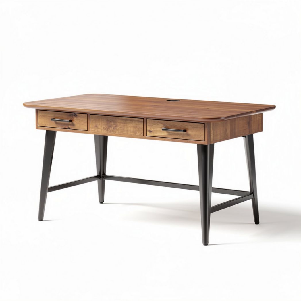 Houten bureau met 3 lades en metalen poten 140 x 70 x 75cm