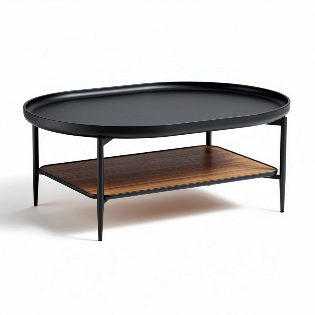 Ovale salontafel met zwart blad en onderblad van walnotenhout 100 x 60 x 40cm