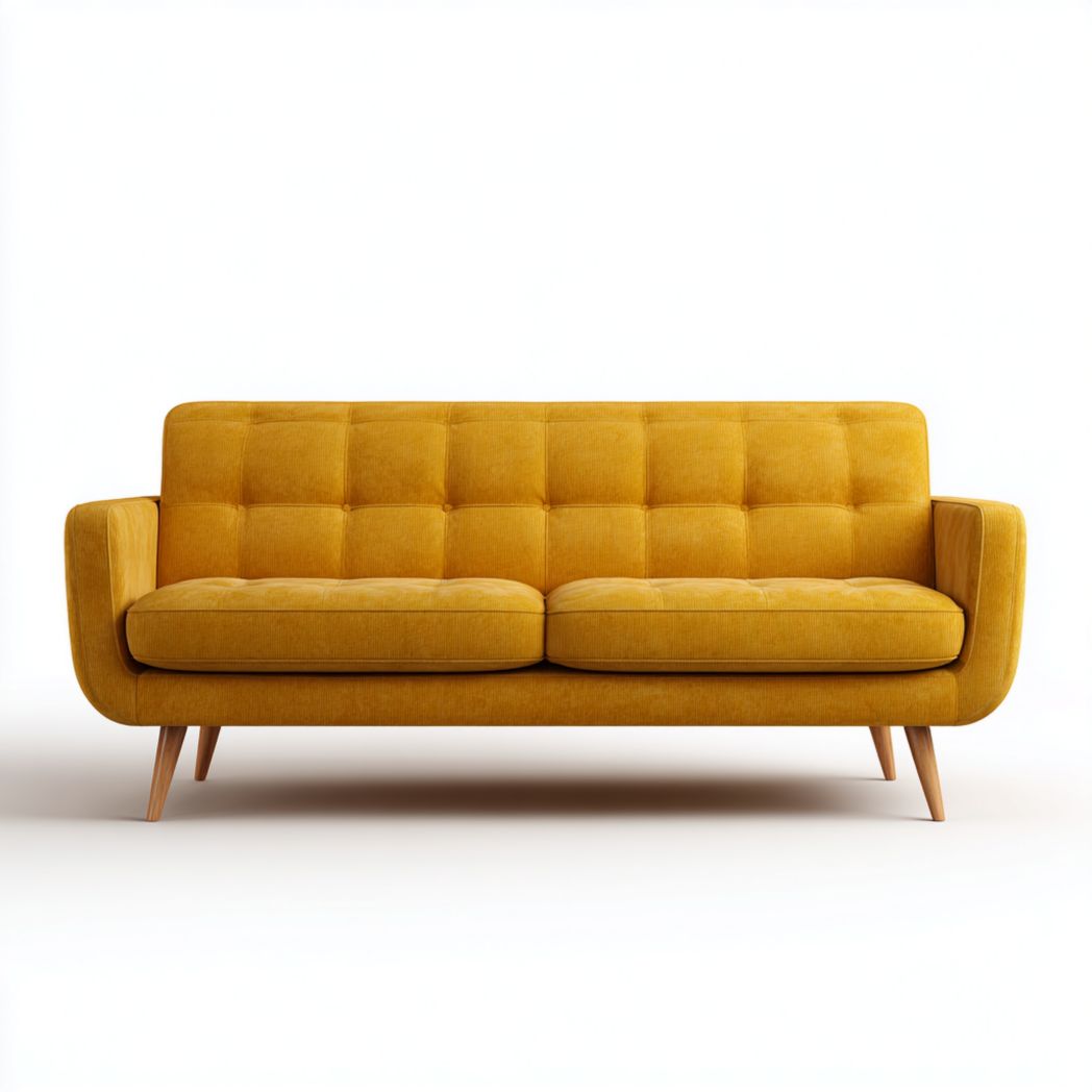 Driepersoonsbank van stof in grijs en wit met afmetingen 210 x 90 x 85cm