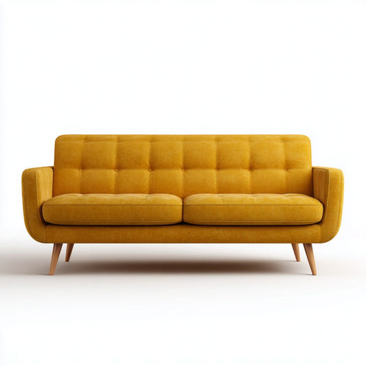 Driepersoonsbank van stof in grijs en wit met afmetingen 210 x 90 x 85cm