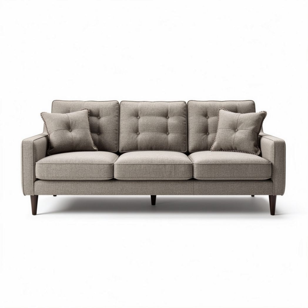 Grijze stoffen bank met kussens afmetingen 200 x 90 x 80cm