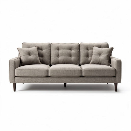 Grijze stoffen bank met kussens afmetingen 200 x 90 x 80cm