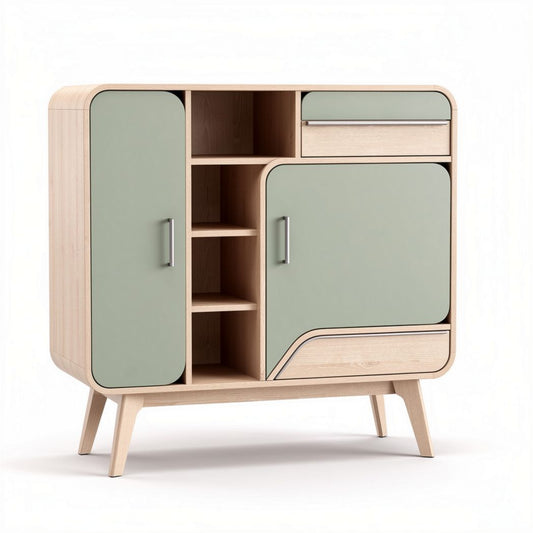 Houten kast met groene deurtjes en open planken 80 x 40 x 100cm