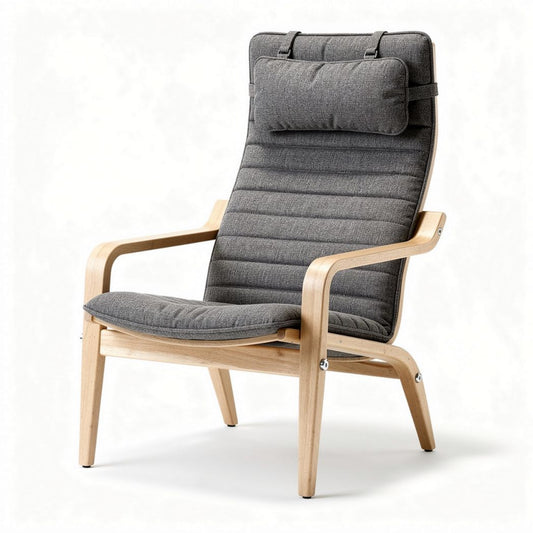 Houten fauteuil met gestikte bekleding van stof en verstelbare rugleuning