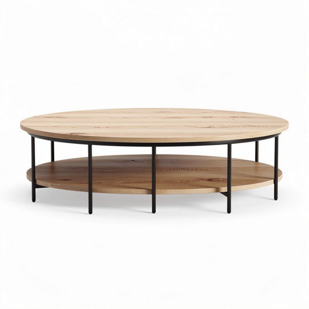 Salontafel van eikenhout met zwart metalen poten en ronde vorm 100 x 100 x 30cm